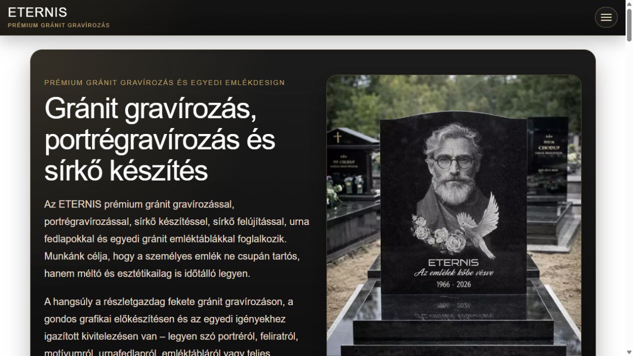 Az eternis.hu valódi kezdőoldalának előnézete